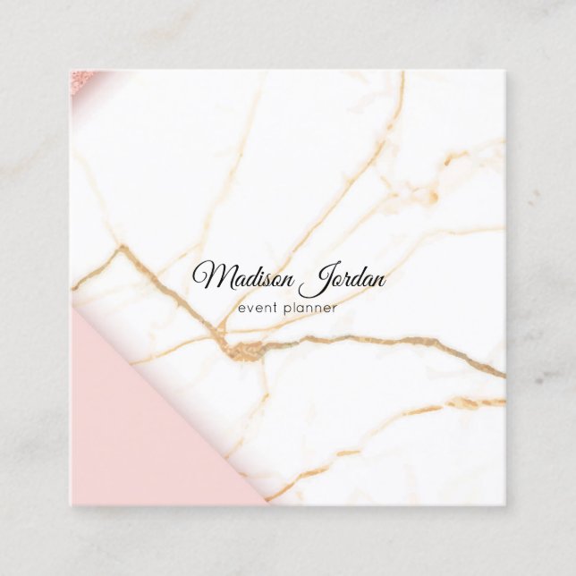 Modern Pink and Gold Marble Square Business Card (Front)