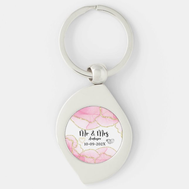 Modern Pink and Gold Mr and Mrs Keychain (Front)