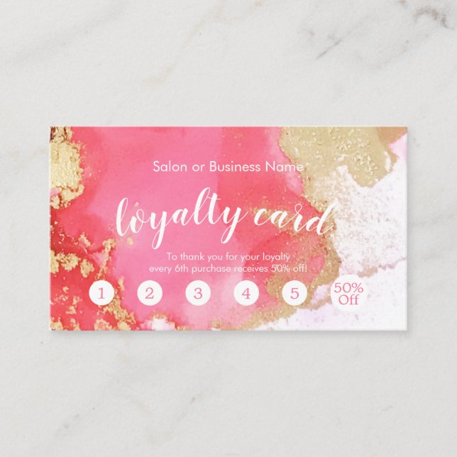 Modern Pink and Gold Watercolor Blot Loyalty Card (Front)