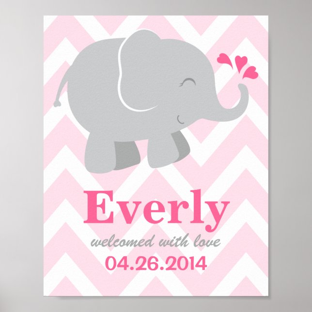 Modern Pink and Gray Elephant Custom Monogram Poster (Front)