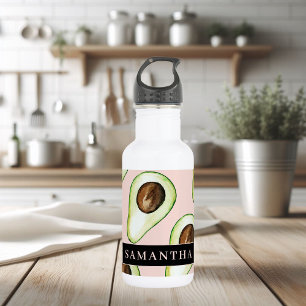 Modern  Pink And Green Avocado Pattern With Name 532 Ml Water Bottle