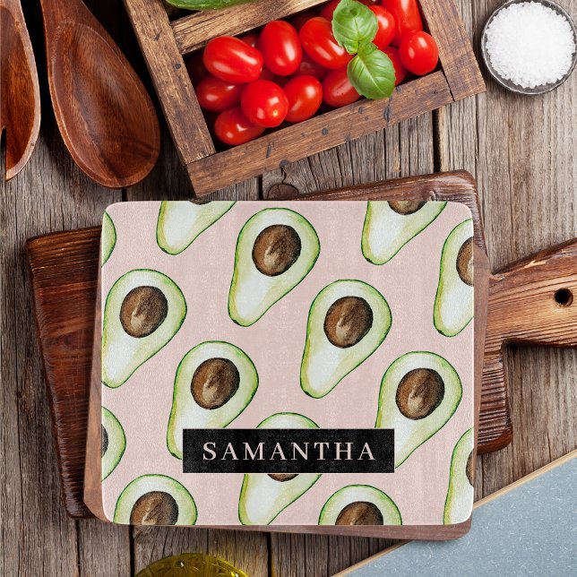 Modern  Pink And Green Avocado Pattern With Name Cutting Board (Creator Uploaded)