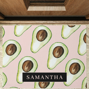 Modern  Pink And Green Avocado Pattern With Name Doormat