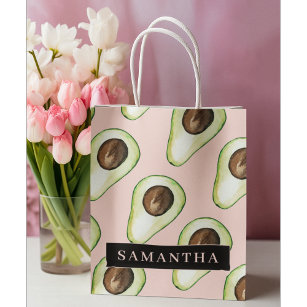Modern  Pink And Green Avocado Pattern With Name Large Gift Bag
