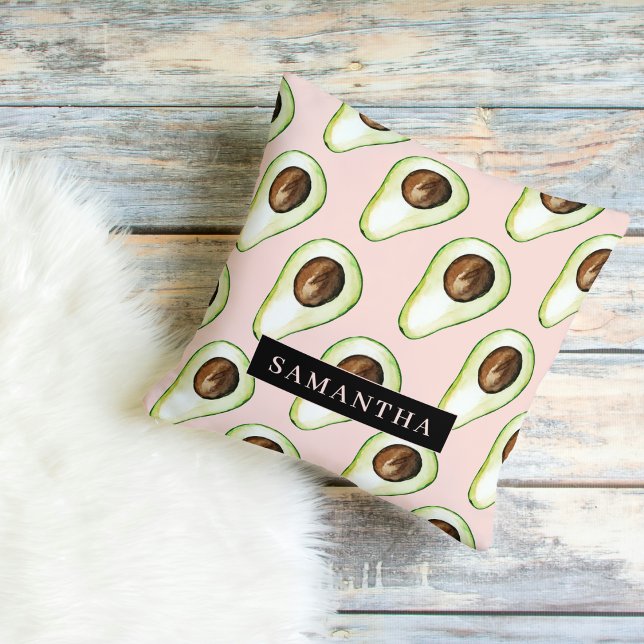Modern  Pink And Green Avocado Pattern With Name Outdoor Pillow (Creator Uploaded)