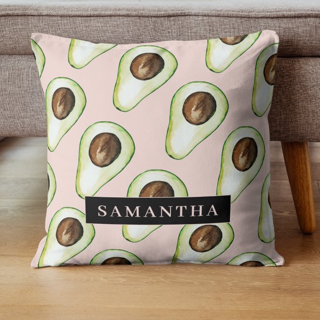 Modern  Pink And Green Avocado Pattern With Name Throw Pillow (Creator Uploaded)