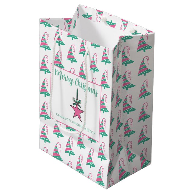 Modern Pink and Green Christmas Tree Star Medium Gift Bag (Front Angled)