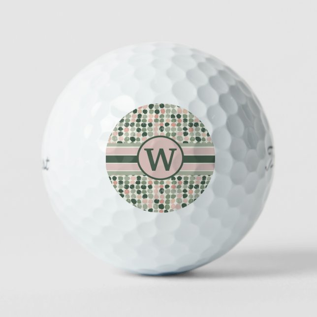 Modern Pink and Green Dot Pattern Monogram Golf Balls (Front)