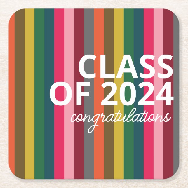 Modern Pink and Green Stripe Pattern Square Paper Coaster (Front)