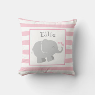 Modern Pink and Grey Elephant Monogram Throw Pillow