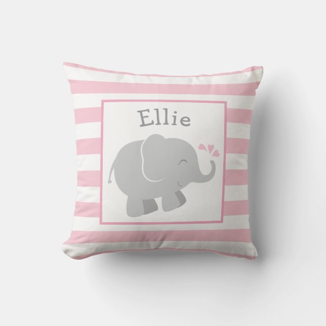 Modern Pink and Grey Elephant Monogram Throw Pillow (Front)