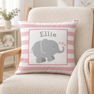 Modern Pink and Grey Elephant Monogram Throw Pillow