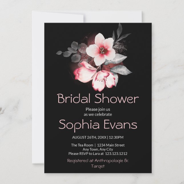Modern Pink and Grey Floral Black Bridal Shower Invitation (Front)