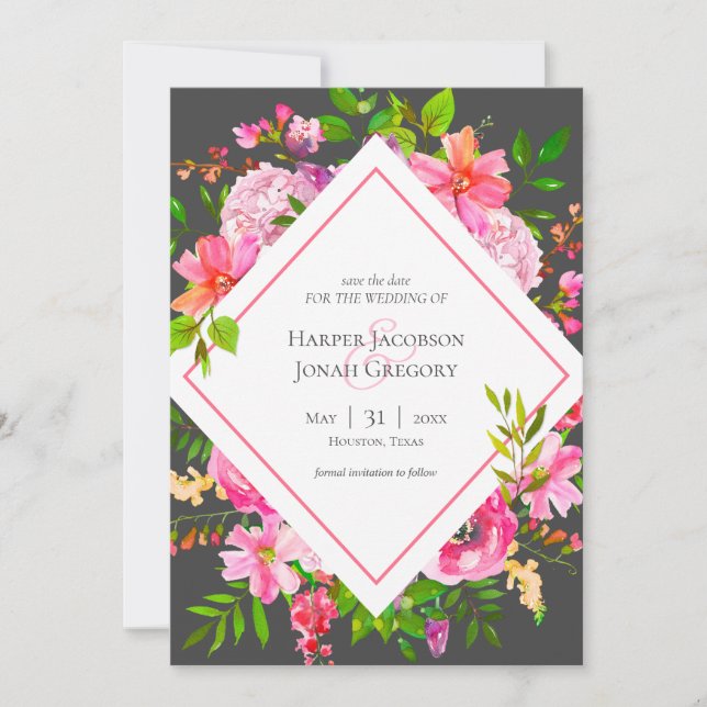 Modern Pink and Grey Floral Wedding Save the Date Invitation (Front)