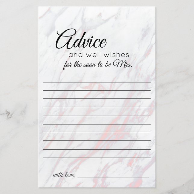 Modern Pink and Grey Marble Advice Card (Front)