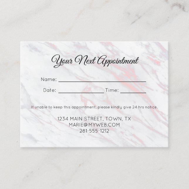 Modern Pink and Grey Marble Appointment Card (Front)
