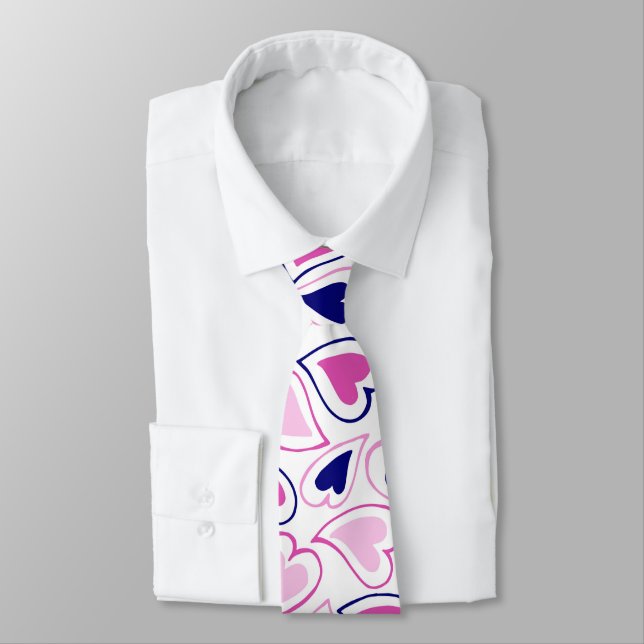 Modern Pink and Navy Blue Hearts Pattern Tie (Tied)