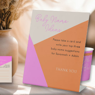 Modern Pink and Orange Baby Name Shower Activity Pedestal Sign