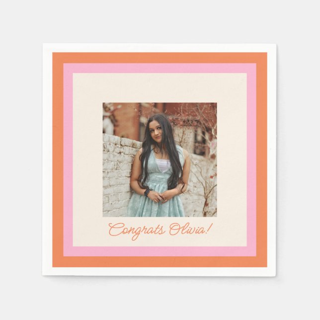 Modern Pink and Orange Border Photo Graduation Napkin (Front)