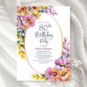 Modern Pink and Orange Floral 80th Birthday Party Invitation