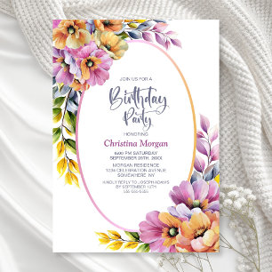 Modern Pink and Orange Floral Any Age Birthday Invitation
