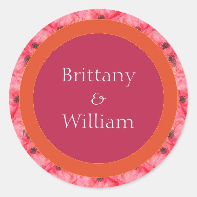 Modern Pink and Orange Vibrant Floral Wedding  Classic Round Sticker (Front)