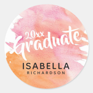 Modern Pink and Orange Watercolor Graduation Classic Round Sticker