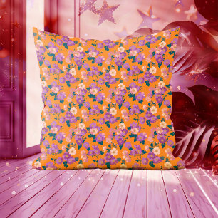 Modern Pink and Purple Floral on Orange Throw Pillow