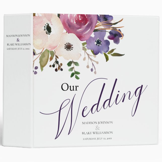 Modern Pink and Purple Floral Wedding Planner Binder (Front/Spine)