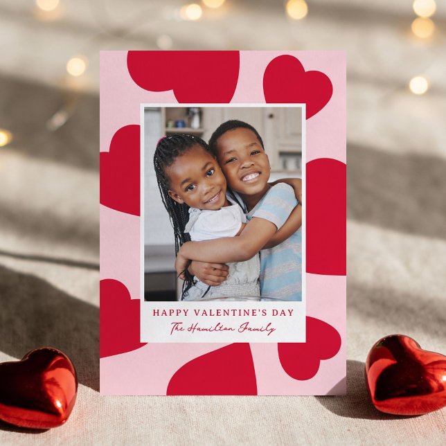 Modern Pink and Red Hearts Valentine's Day Photo Holiday Card (Creator Uploaded)