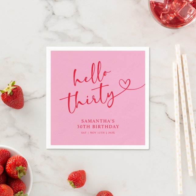 Modern Pink and Red Hello 30th Birthday Napkin (Insitu)
