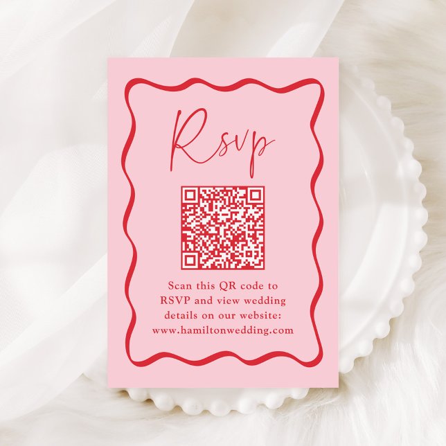 Modern Pink and Red Wavy Frame QR Code RSVP Enclosure Card (Creator Uploaded)