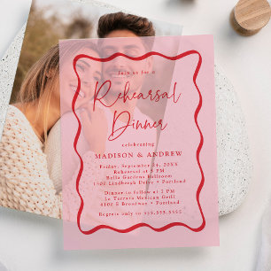 Modern Pink and Red Wavy Frame Rehearsal Dinner Vellum Invitations