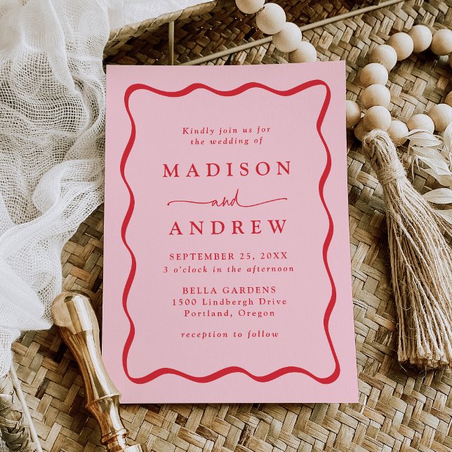 Modern Pink and Red Wavy Frame Wedding Invitation (Creator Uploaded)