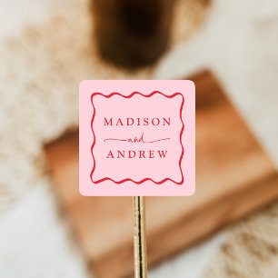 Modern Pink and Red Wavy Frame Wedding Square Sticker