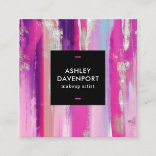 Modern pink and silver glitter brushstrokes makeup square business card