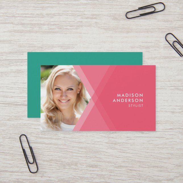 Modern Pink and Teal Layered Geometric Photo Business Card (Front/Back In Situ)