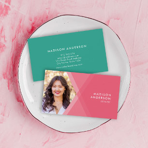 Modern Pink and Teal Layered Geometric Photo Business Card