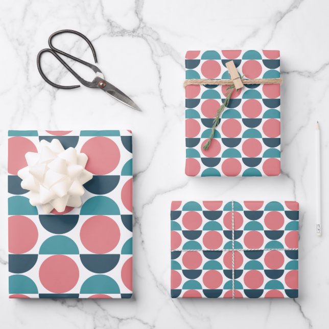 Modern Pink and Teal on White Geometric Shapes Wrapping Paper Sheet (Front)