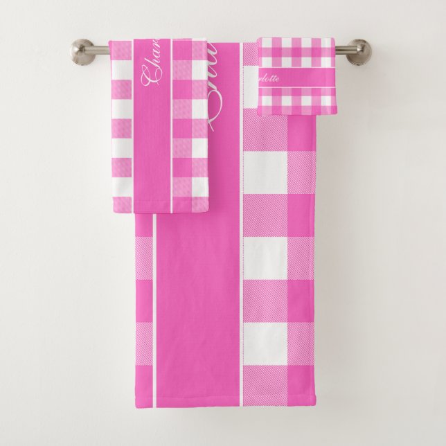 Modern Pink and White Buffalo Checks Custom Girly Bath Towel Set (Insitu)