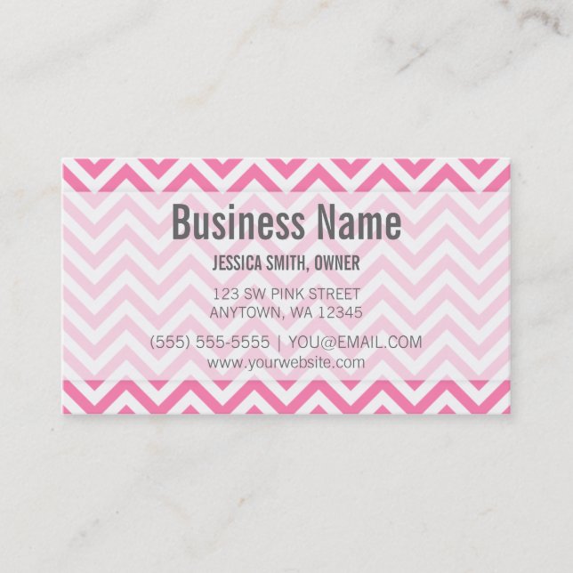 Modern Pink and White Chevron Pattern Business Card (Front)
