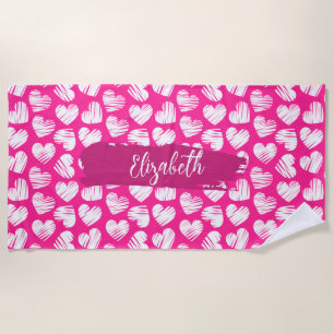 Modern Pink and White Doodled Heart Valentine Name Beach Towel
