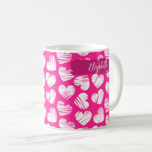Modern Pink and White Doodled Heart Valentine Name Coffee Mug (Front Right)