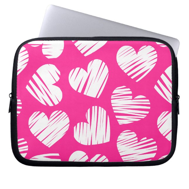 Modern Pink and White Doodled Heart Valentines Day Laptop Sleeve (Front)