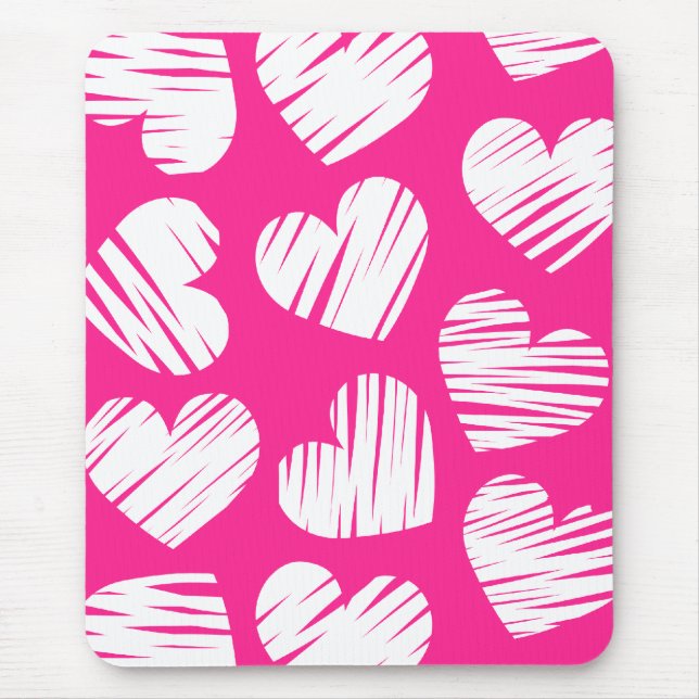 Modern Pink and White Doodled Heart Valentines Day Mouse Pad (Front)