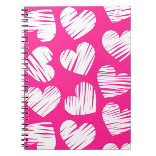 Modern Pink and White Doodled Heart Valentines Day Notebook