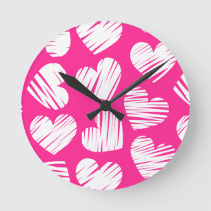 Modern Pink and White Doodled Heart Valentines Day Round Clock