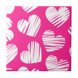 Modern Pink and White Doodled Heart Valentines Day Tile