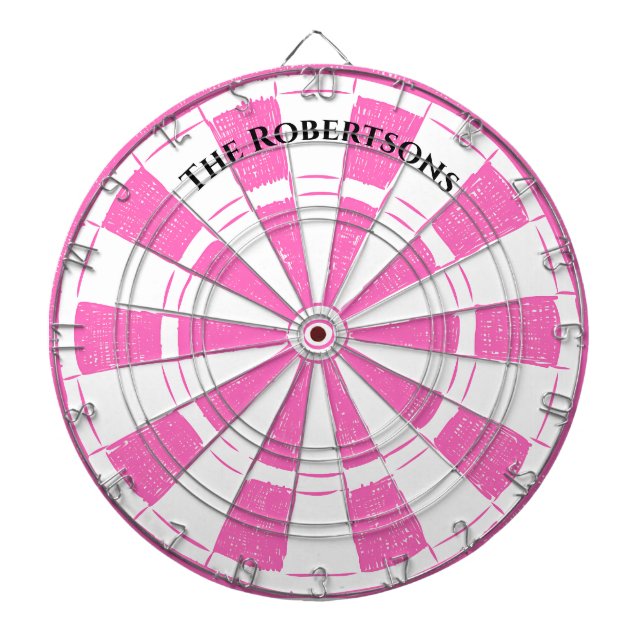 Modern Pink And White Family Name  Dartboard (Front)