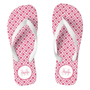 Modern Pink and White Geometric Monogram With Name Flip Flops